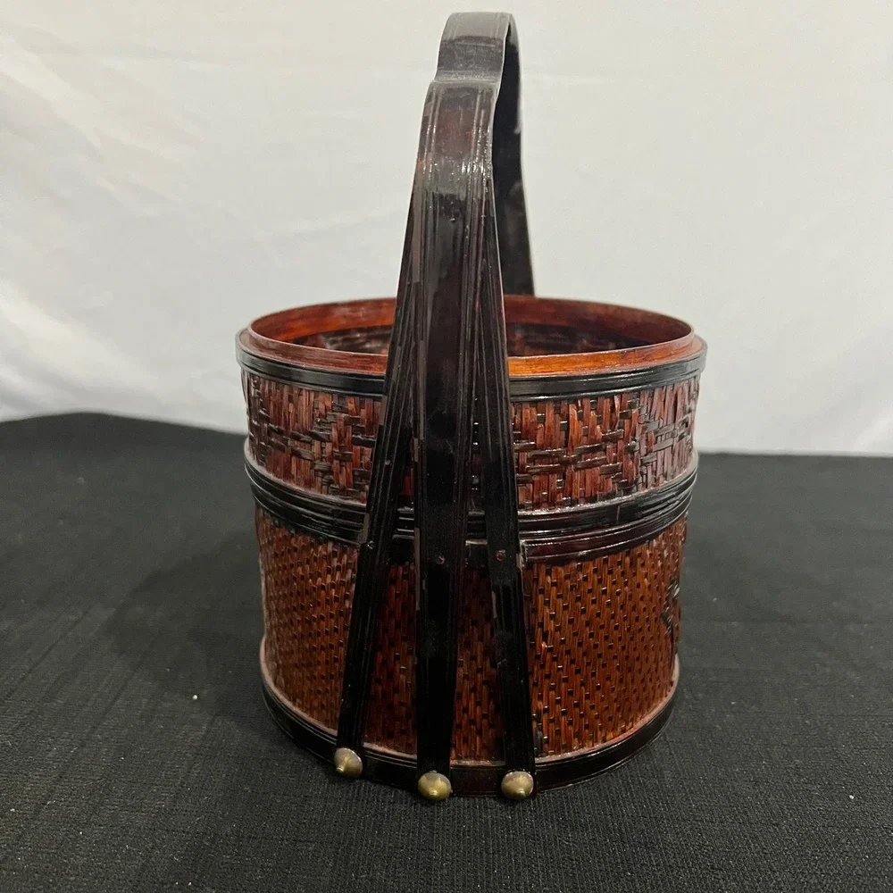 Vintage Chinese Woven Bamboo Wedding Basket Round Lacquered Wood Brass Art 208